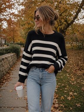 GAP 100% Cotton Breton Stripe Crew Rollneck Sweater Black Ivory Stripe Size L